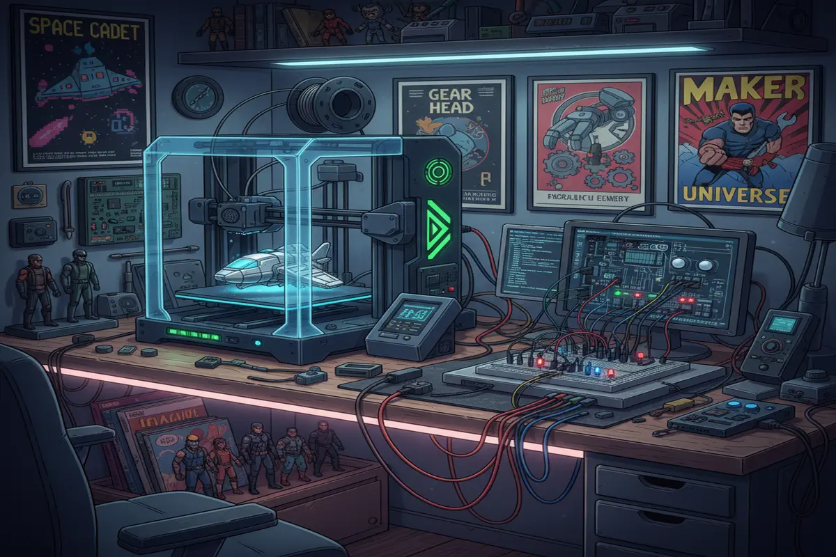 Fabricação digital com baixo custo no universo geek: Impressora 3D amadora e placa Arduino em mesa de trabalho.