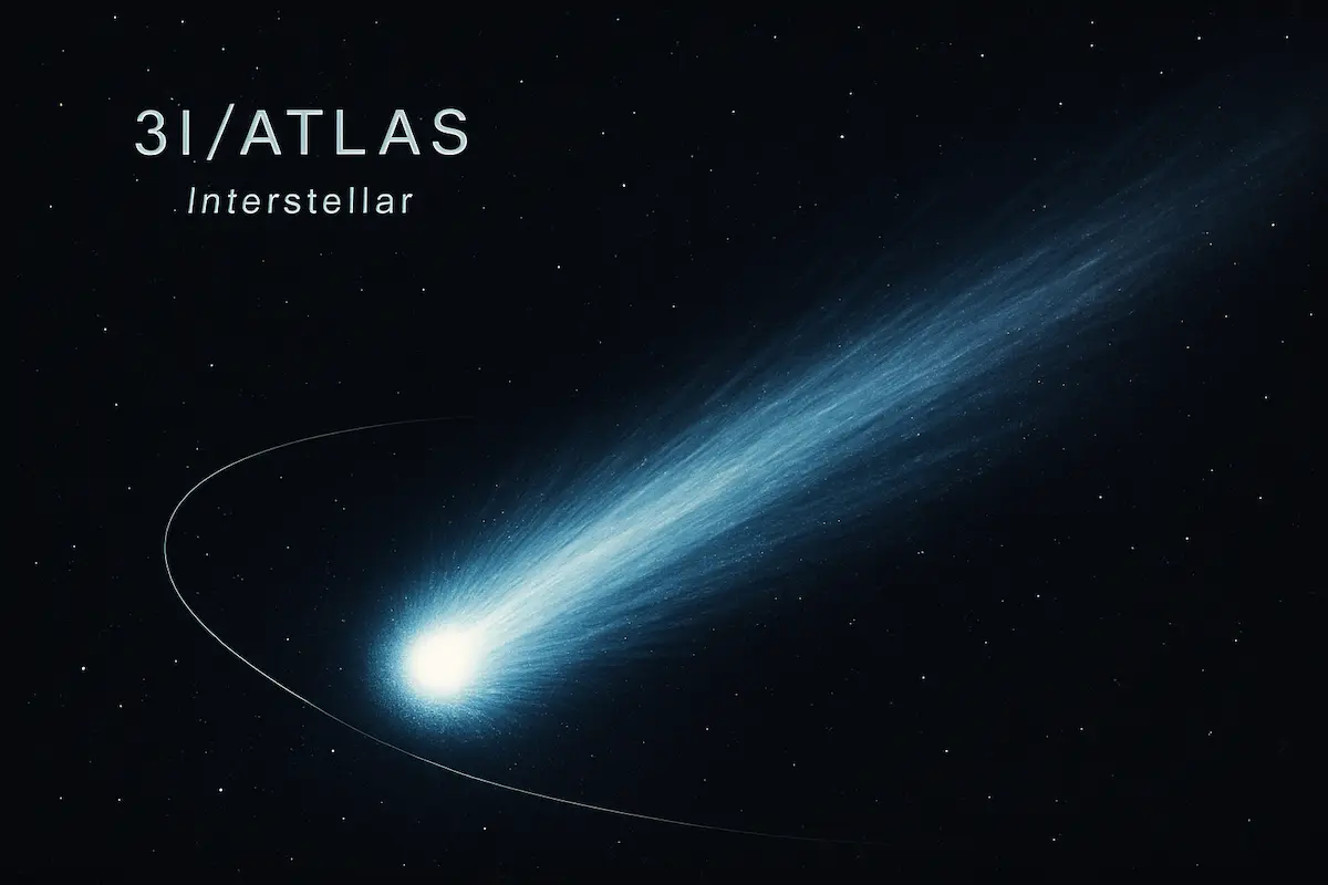 Imagem do cometa interestelar 3I/ATLAS com coma brilhante e cauda, em campo espacial