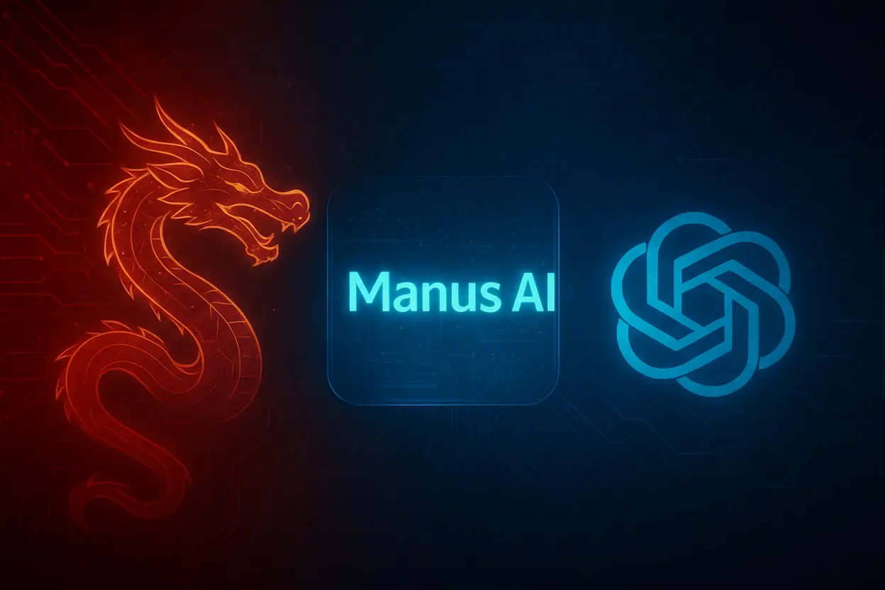 Ilustração futurista representando o Manus AI, a inteligência artificial autônoma chinesa que promete rivalizar com o ChatGPT.