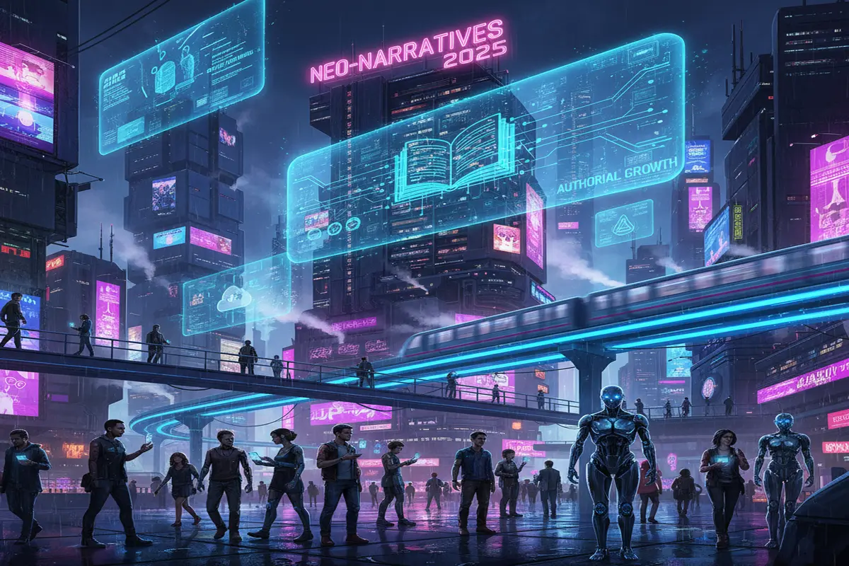 Ilustração futurista representando o crescimento do sci-fi autoral no streaming em 2025, com inspiração em Blade Runner e Ghost in the Shell.