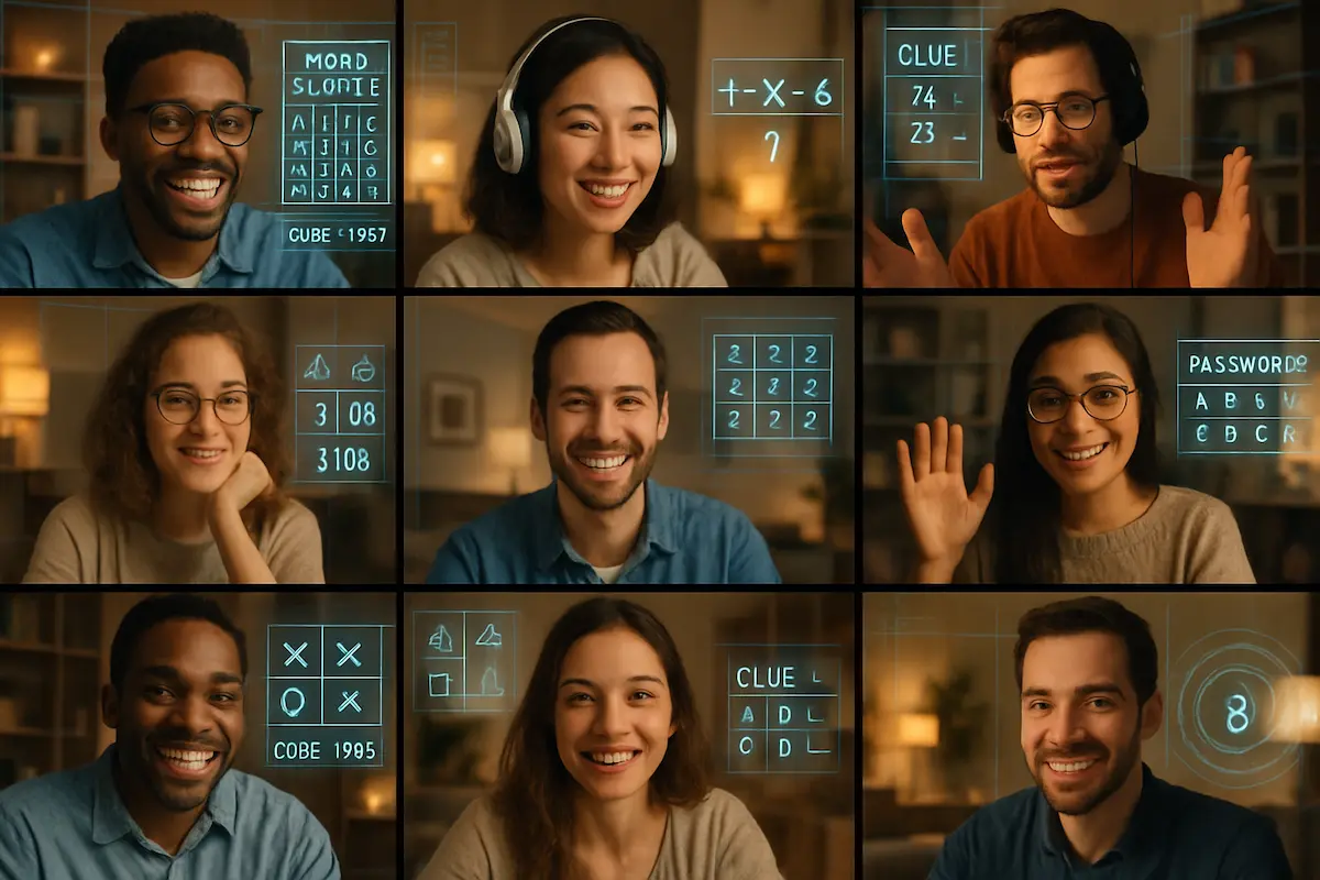 Escape games virtuais: Grupo de pessoas interagindo por videoconferência enquanto resolvem puzzles de escape game virtual