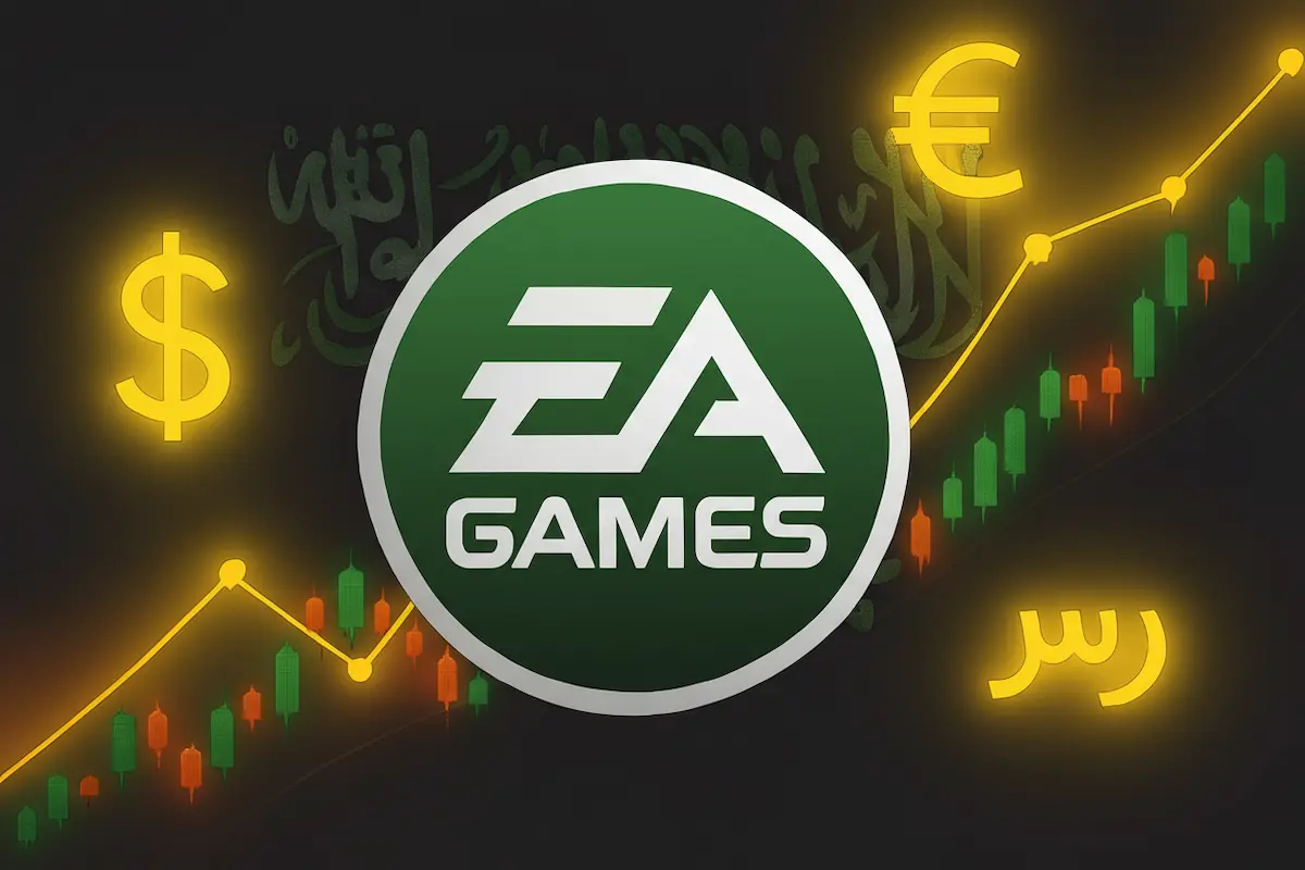 Logotipo estilizado da EA Games sendo envolvido por gráficos financeiros e bandeiras da Arábia Saudita.