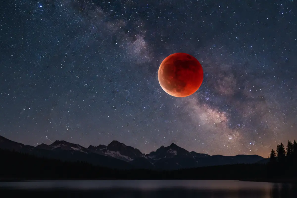 Fotografia do Eclipse Lunar total em setembro de 2025 com a Lua de Sangue em destaque