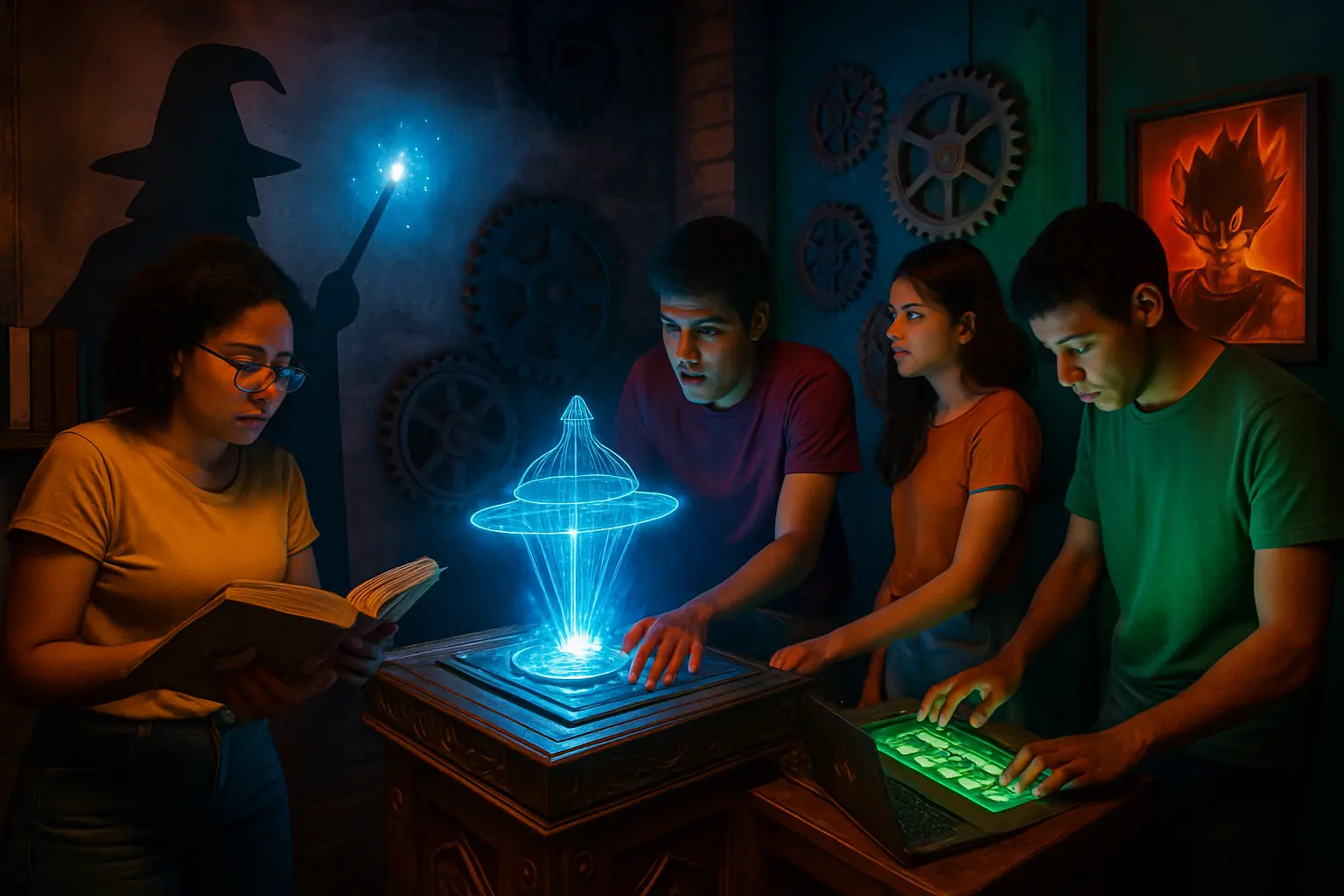 Jogadores em escape rooms geek no Brasil, resolvendo enigmas em um ambiente inspirado em cultura pop.