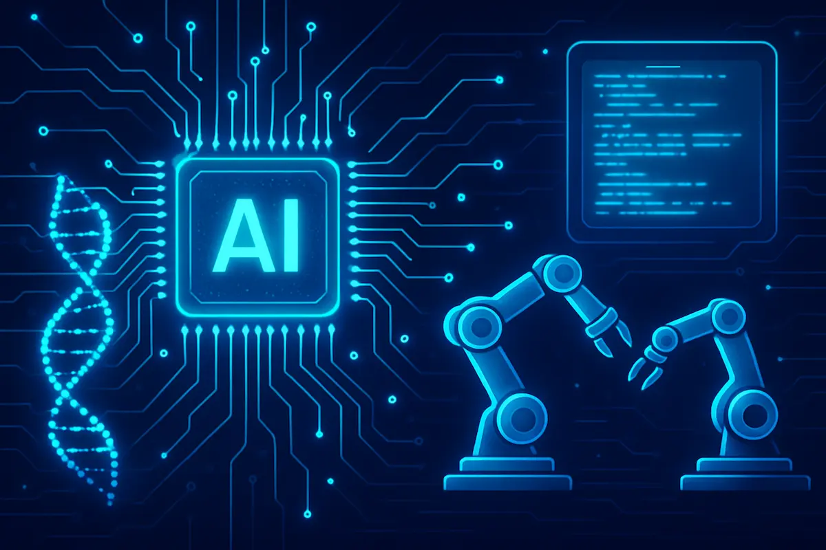 Latest AI: Conceito visual de IA avançada integrando chips, robótica, biologia e interfaces digitais.