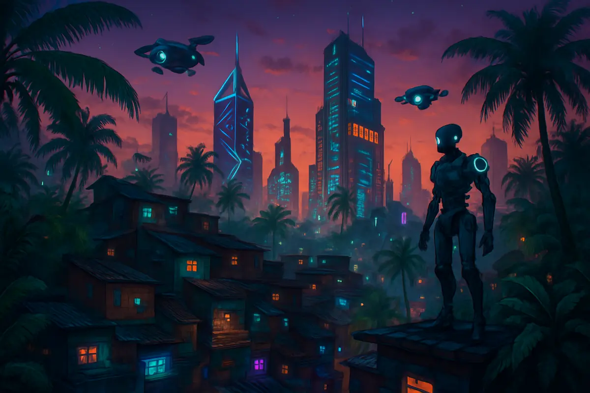 adaptações nacionais de ficção científica: ilustração de cenário brasileiro futurista com elementos de ficção científica, robôs, cidade desenvolvida e natureza sobreposta.