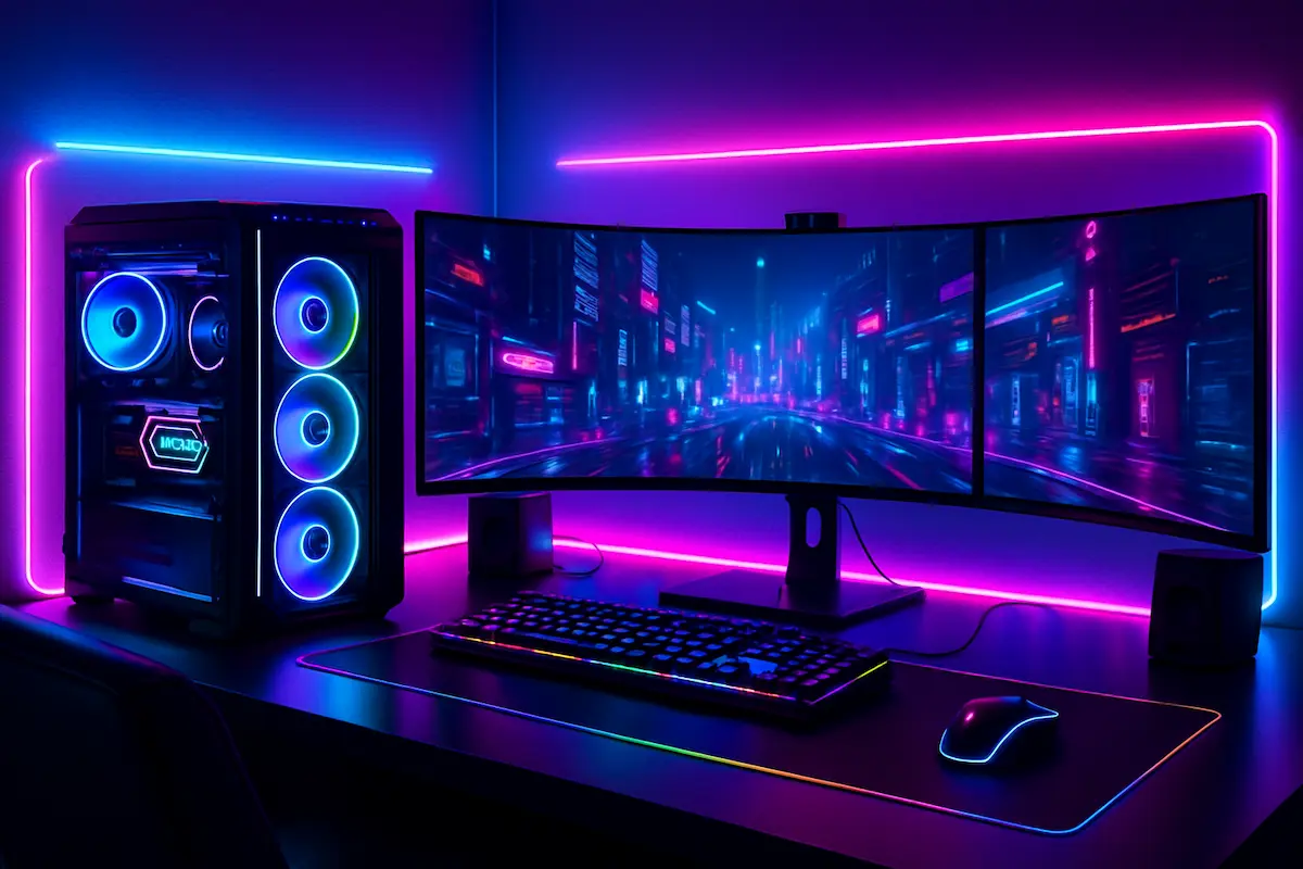 Hardware gamer 2025/2026: Computador gamer com GPU moderna, monitores ultrawide e periféricos RGB em ambiente futurista.