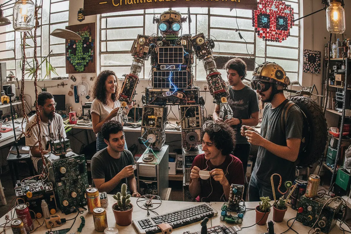 Exemplo de gambiologia sustentável na cultura geek, com objetos DIY feitos de materiais reciclados e criatividade brasileira.