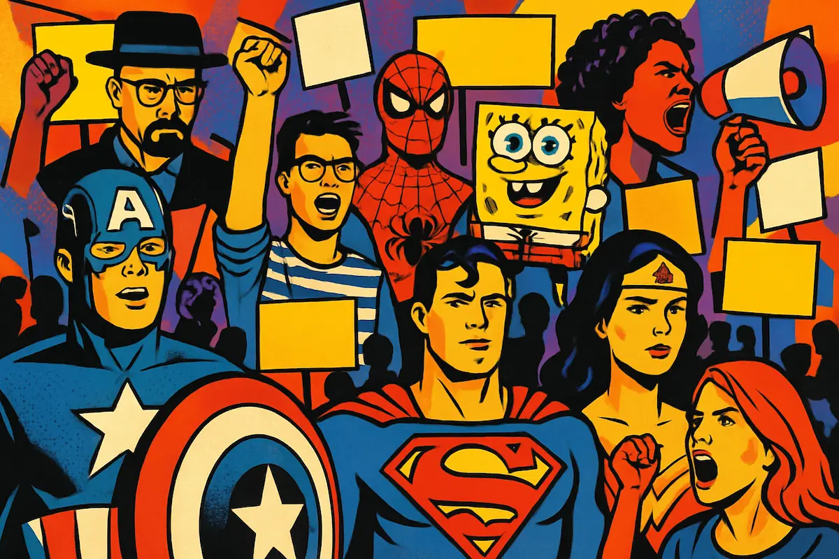 Cultura pop e política: Elementos da cultura pop (super-heróis, série, fandom) misturados com símbolos de protesto político