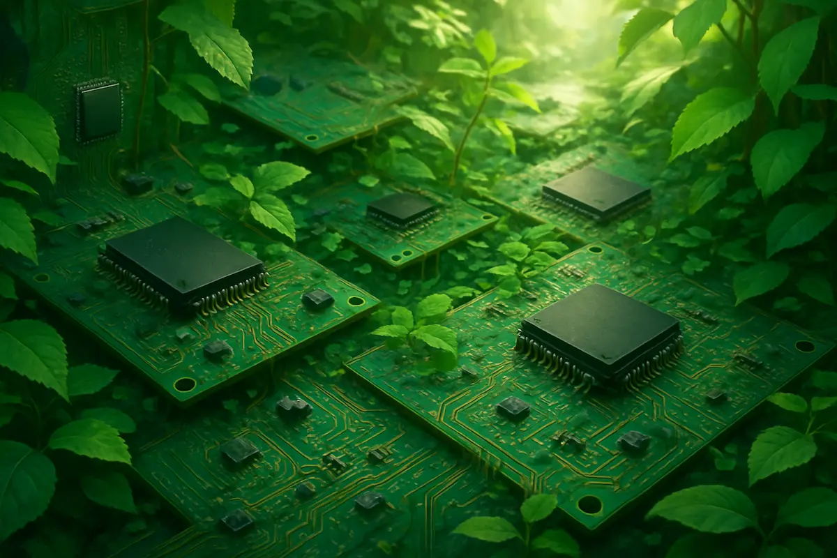 Impacto Ambiental da tecnologia: Circuitos eletrônicos intercalados com folhas verdes simbolizando sustentabilidade.