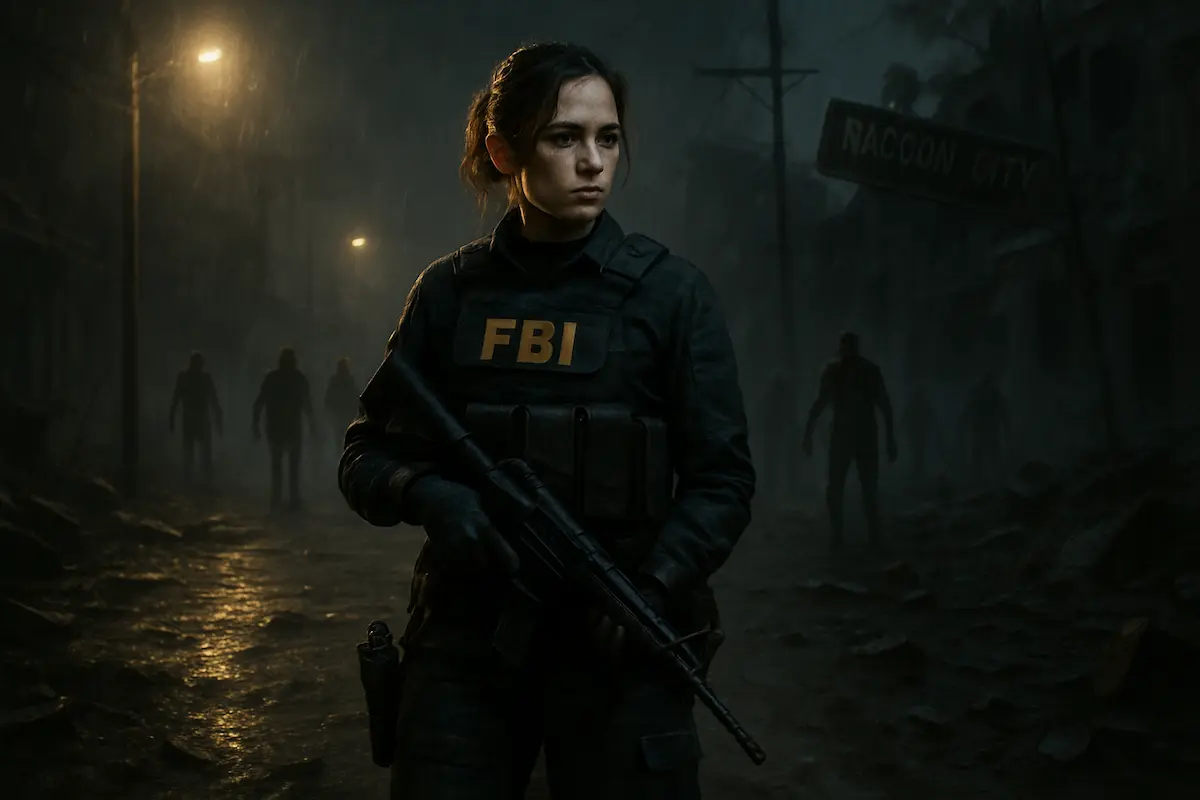 Grace Ashcroft em meio às ruínas de Raccoon City, cenário pós-apocalíptico de Resident Evil 9 Requiem