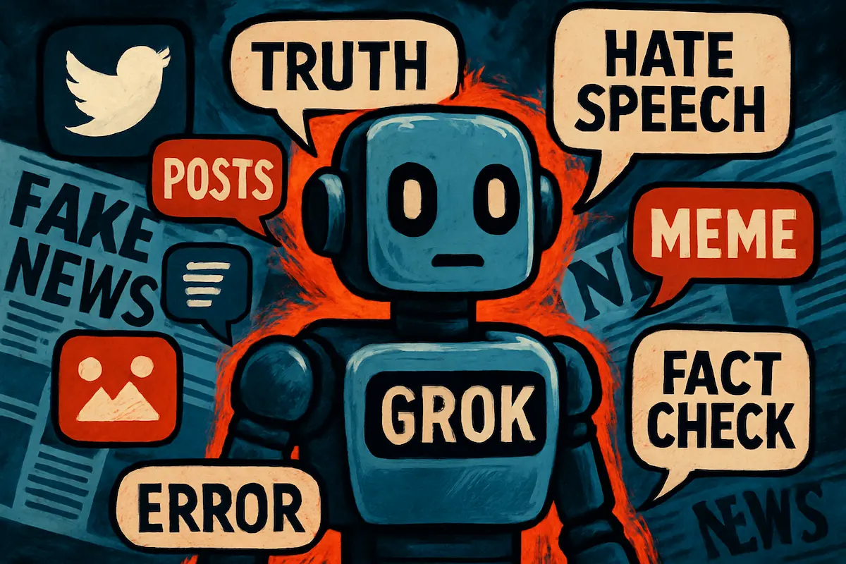 Representação da IA Grok cercada por manchetes, ícones de redes sociais e memes digitais.