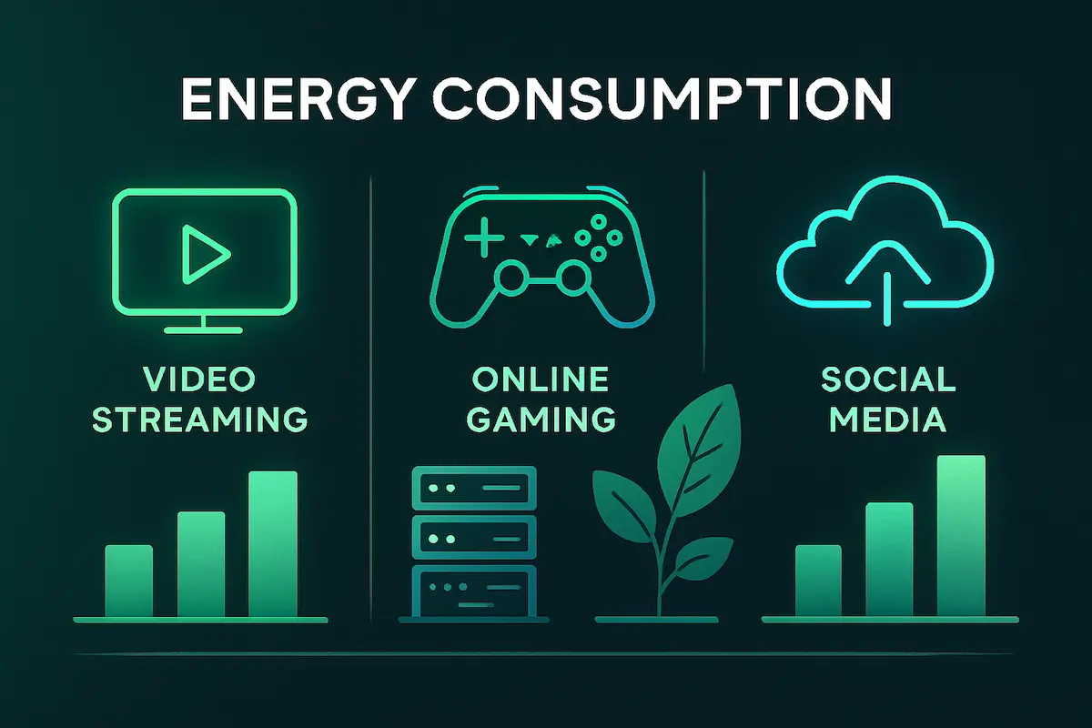 Impacto ambiental do streaming: Infográfico mostrando consumo de energia de streaming de séries e games online e seu impacto ambiental