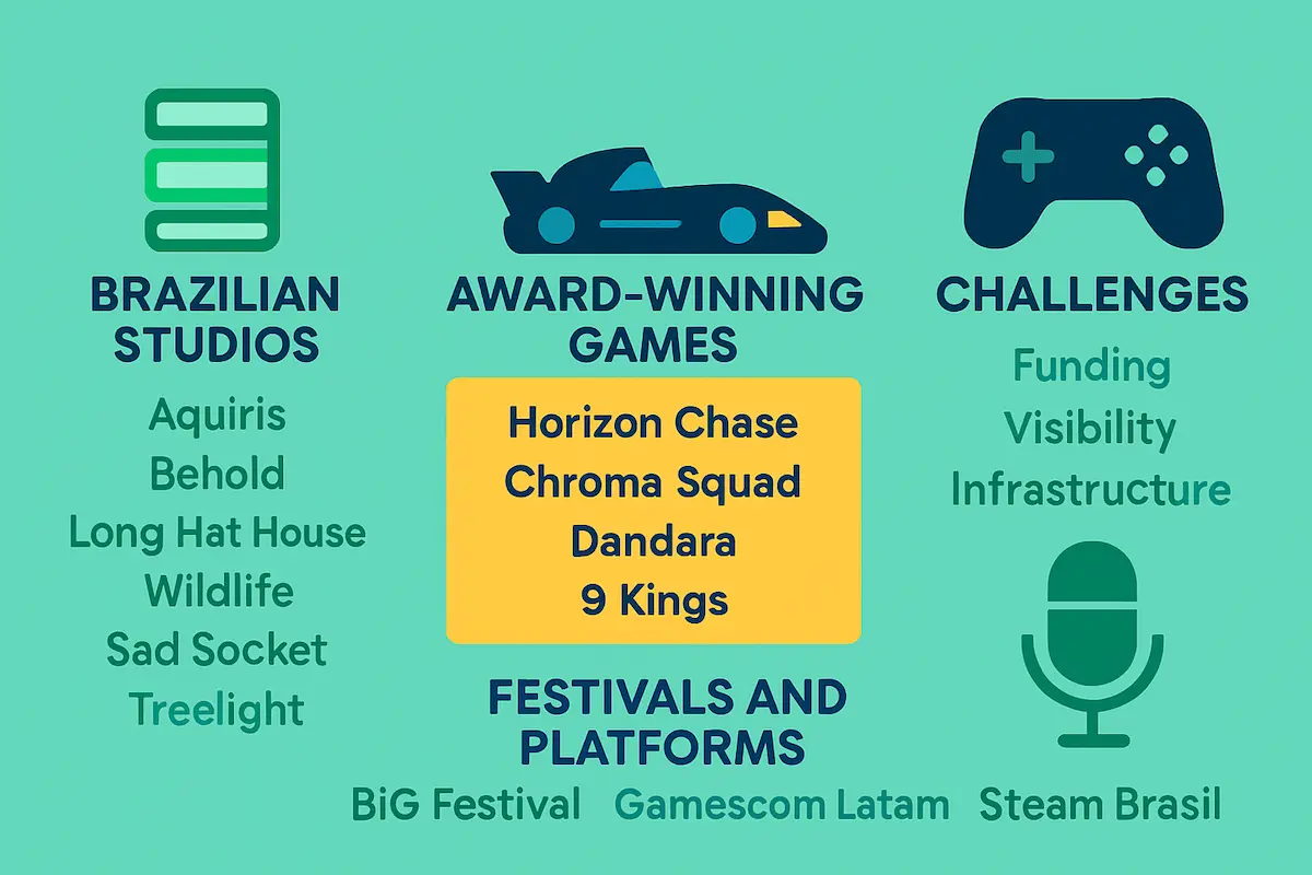 Gráfico ilustrativo mostrando estúdios, jogos e eventos importantes do cenário de games brasileiros em 2025