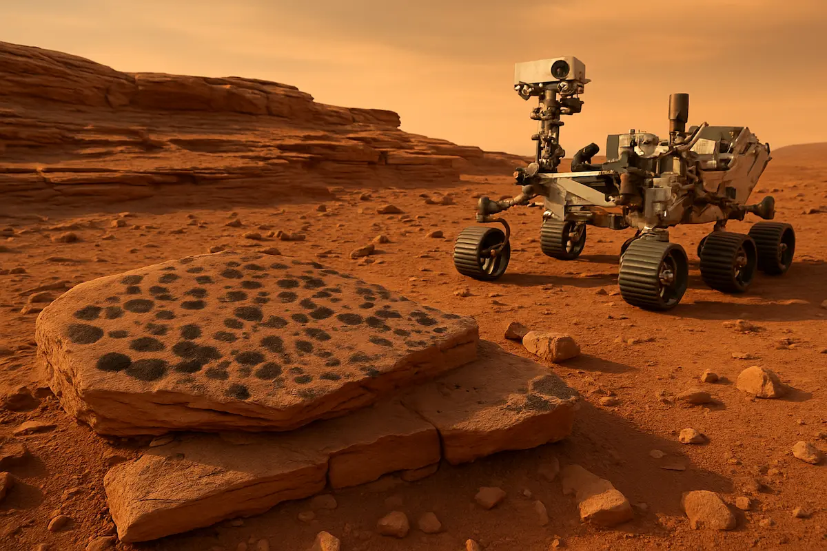 Imagem de rocha avermelhada em Marte com manchas escuras semelhantes à pele de leopardo, coletada pelo rover Perseverance na formação Bright Angel — evidências da descoberta da NASA em Marte