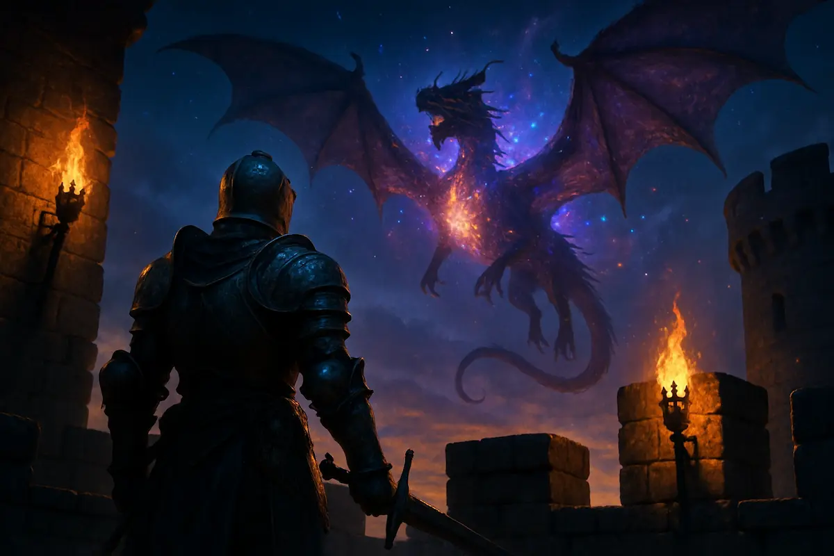 Fantasia medieval: personagem medie-val segurando uma espada, castelo ao fundo e luz de magia no céu