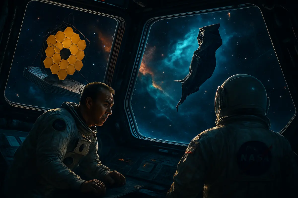 Nasa Real: Montagem com o telescópio James Webb, astronautas, e ilustrações de satélites fictícios.