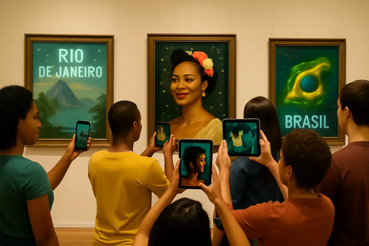 realidade aumentada no Brasil: Visitantes apontando smartphones para obras de arte em museu, vendo animações em realidade aumentada