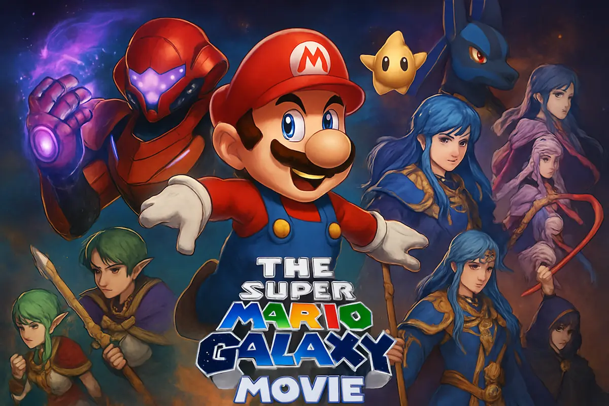 Cena de Metroid Prime 4 com Samus Aran, Mario Galaxy no fundo, e logo Nintendo Direct