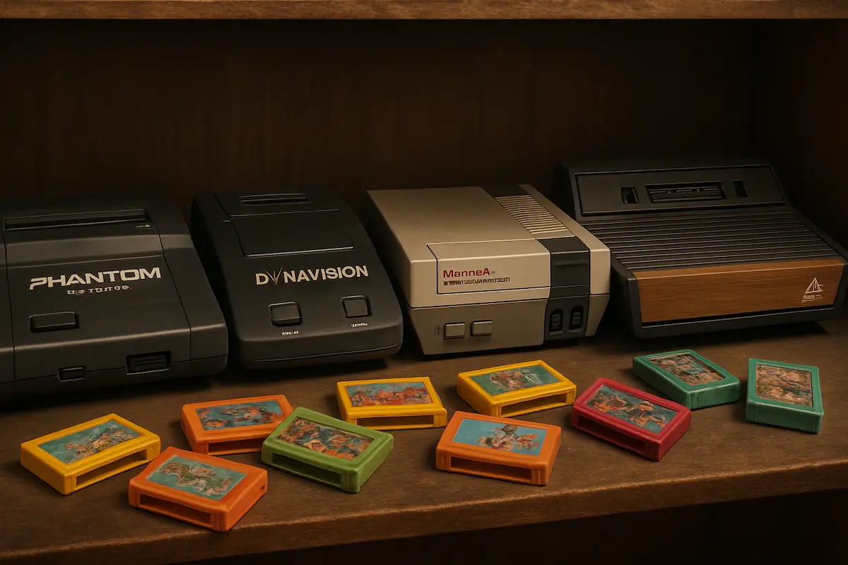 História dos consoles no Brasil: Consoles antigos brasileiros (Phantom System, Dynavision, clones do NES) em uma prateleira rústica