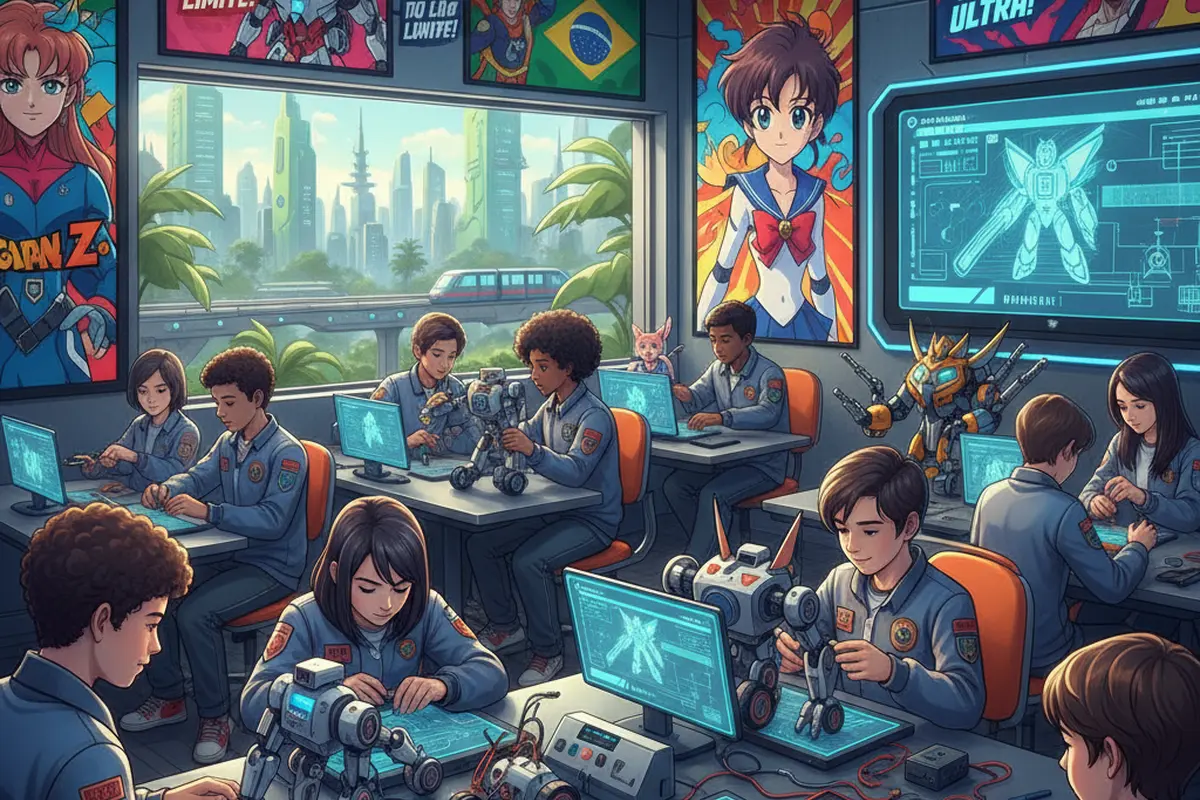 Estudantes aprendendo robótica inspirada em cultura pop e animes em sala de aula.