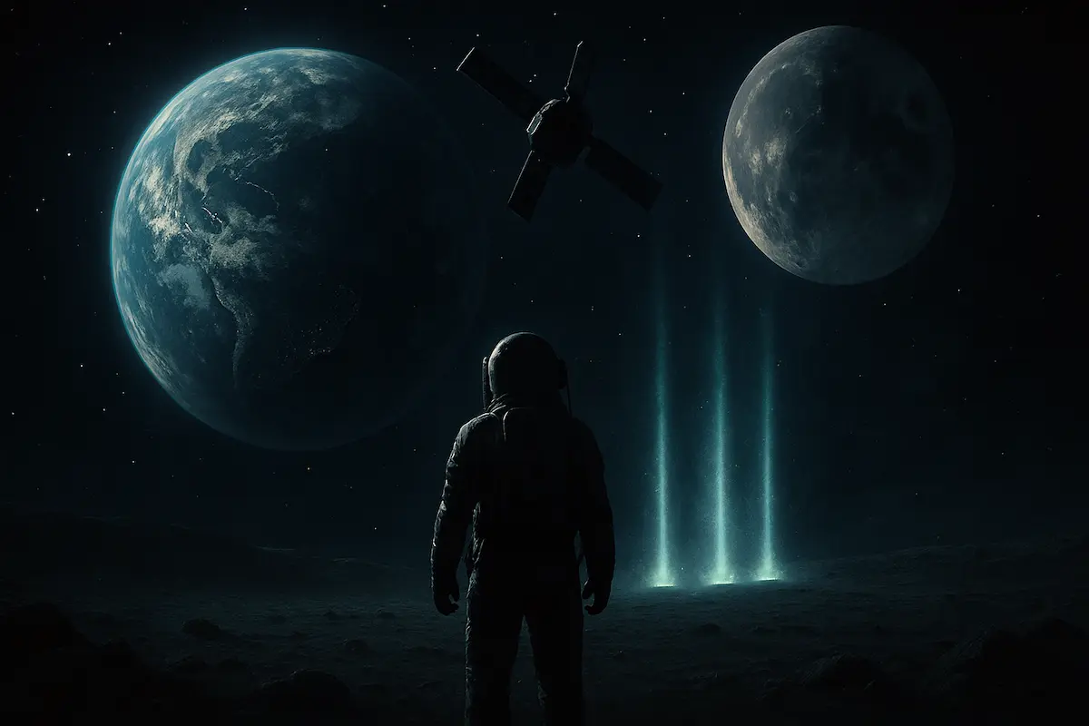 Representação artística dos mistérios e conspirações da NASA Real, incluindo a Lua, satélites e teorias alienígenas.