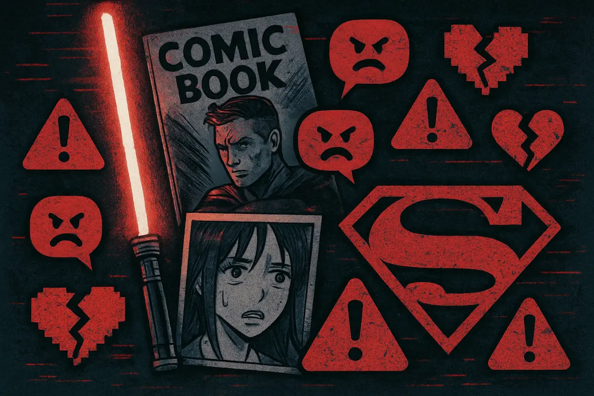 Colagem digital de emojis agressivos, críticas online, símbolos de cultura geek como sabre de luz, super-herói e mangá, representando toxicidade nos fandoms.