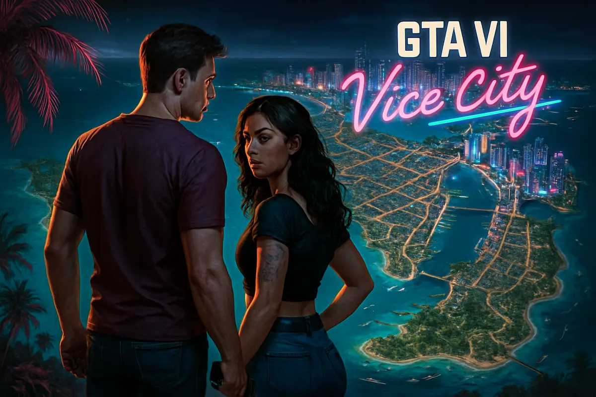 GTA 6: Ilustração conceitual do mapa de Vice City com os protagonistas Jason Duval e Lucia Caminos em destaque