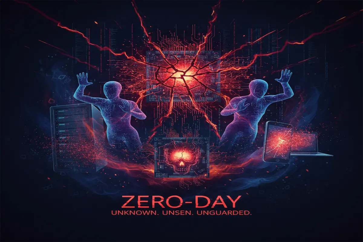 Ilustração conceitual de vulnerabilidade zero day explorada por hackers.