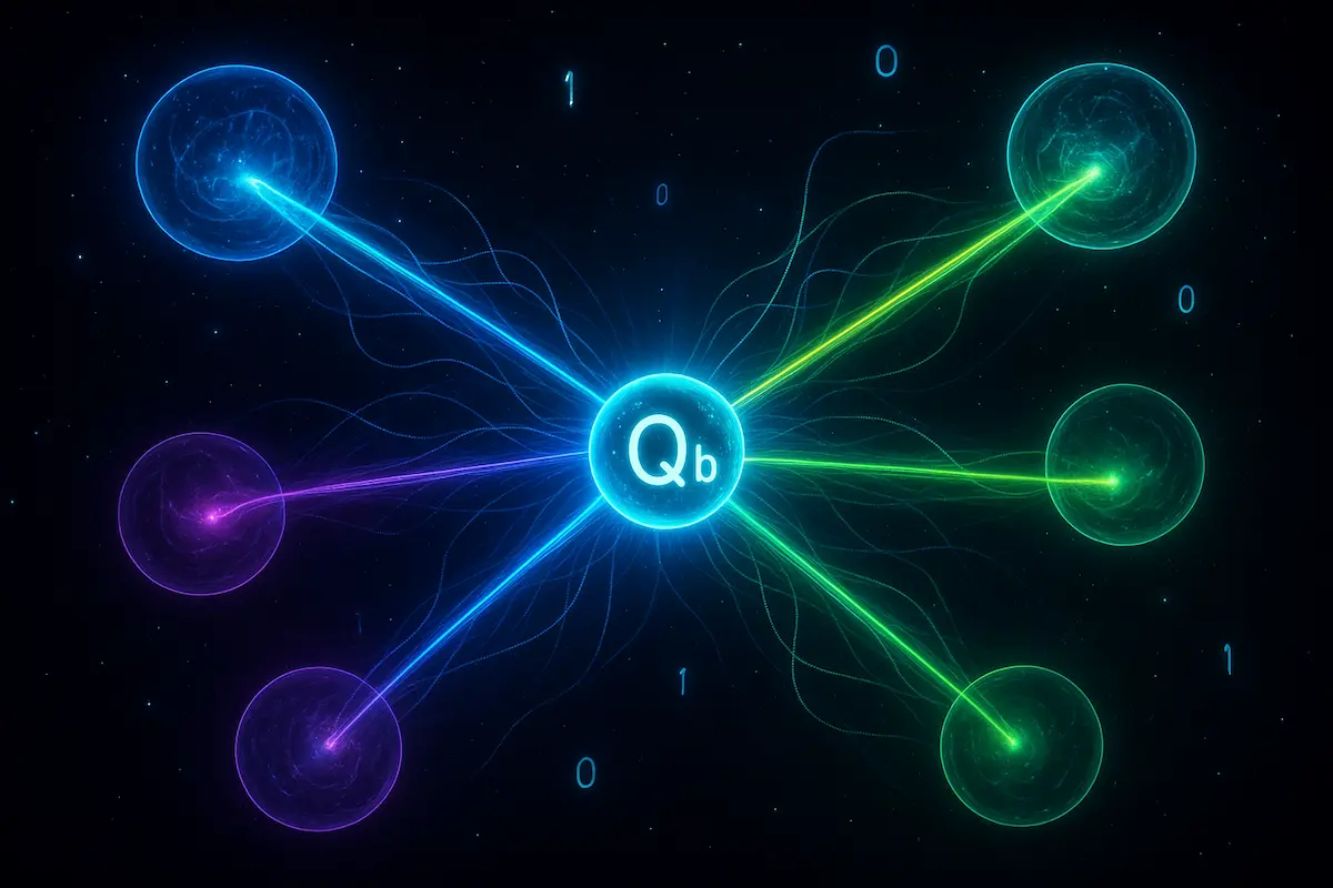 Computação quântica e multiverso: Uma ilustração artística de múltiplas versões de um átomo ou qubit ramificando-se em universos paralelos, com cores e faixas brilhantes representando superposição e entrelaçamento.