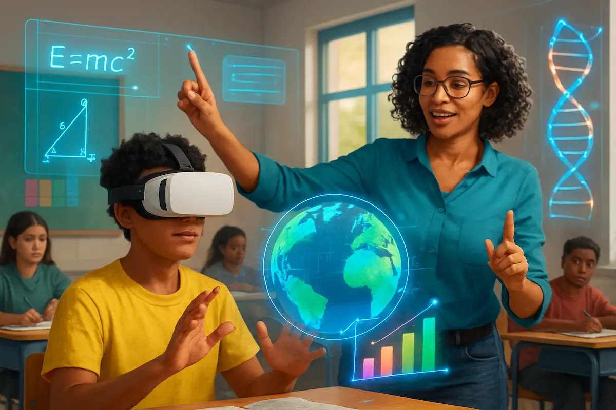 Estudante usando headset de realidade virtual em sala de aula, integrando XR Brasil com entretenimento digital