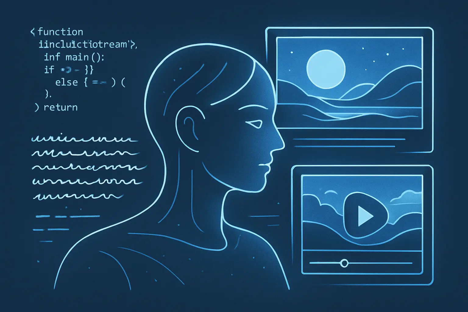 IA na geração de conteúdo: representação gráfica de IA produzindo texto, imagem e vídeo