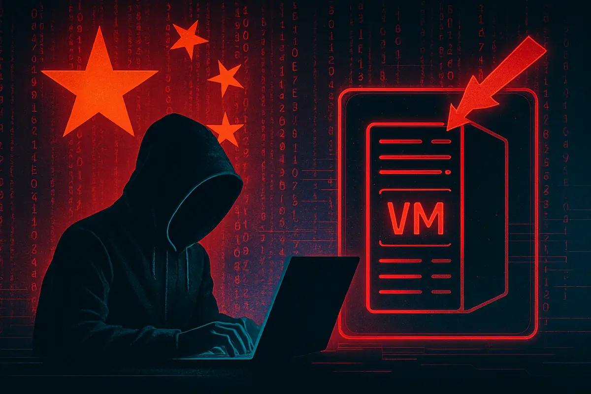 Imagem ilustrando hackers ligados à China explorando vulnerabilidade no VMware, com código e servidor virtual em destaque