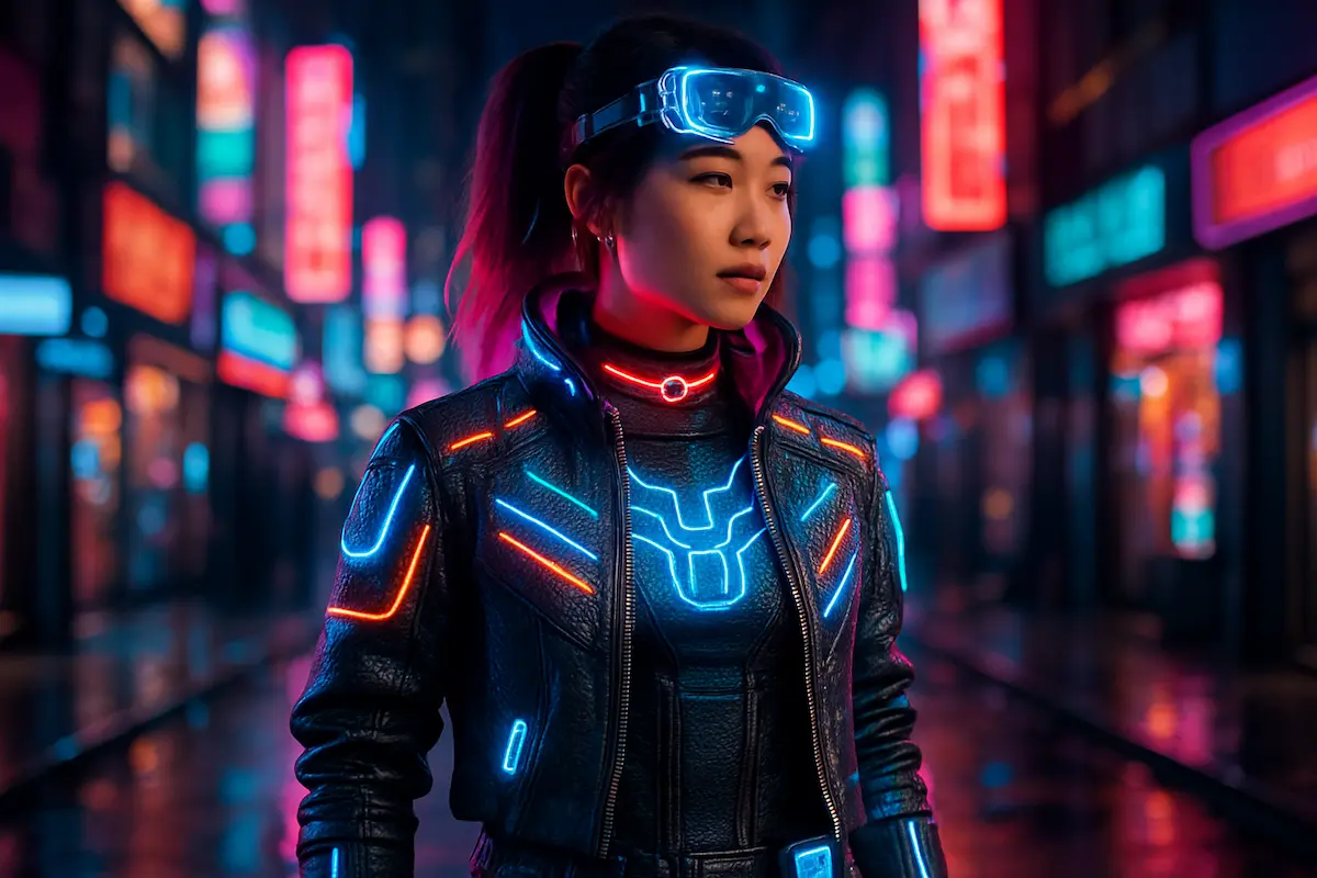 moda geek 2.0: Cosplayer futurista usando roupa com LEDs e tecidos inteligentes em ambiente urbano neon, representando wearable tech e streetwear geek.