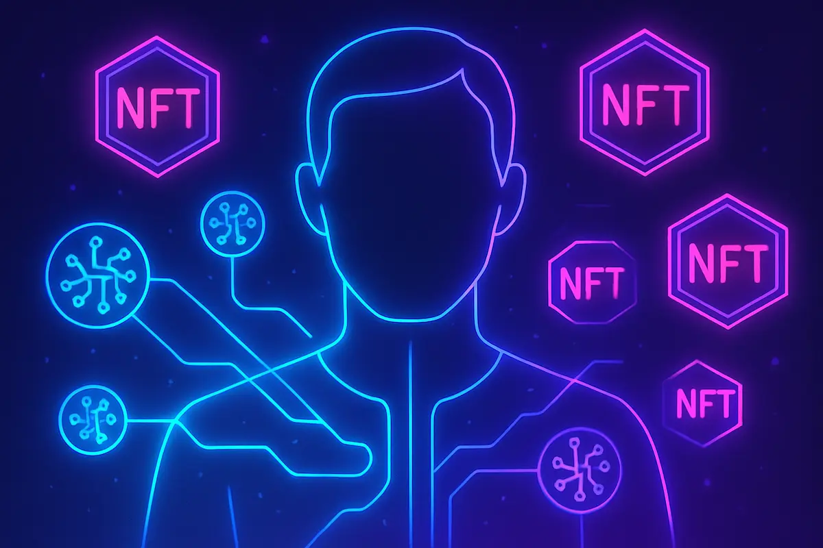 Web3: Ilustração de avatar digital conectado à rede blockchain e símbolos de NFT