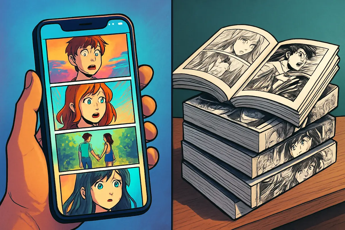 Webtoons, mangás e manhwas:Ilustração mostrando uma mão segurando um smartphone com webtoon rolando, e ao lado volumes de mangá empilhados