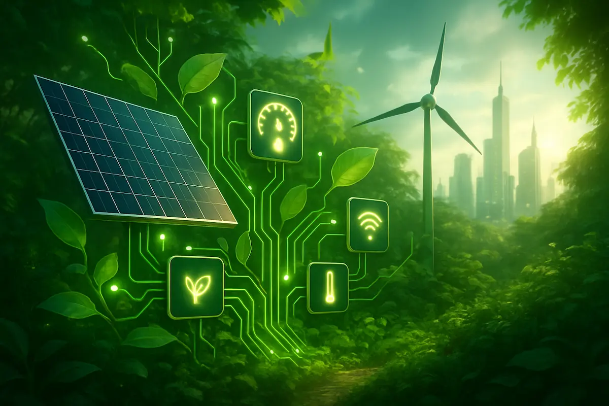 Conceito de IoT verde com sensores inteligentes, painéis solares e circuitos sustentáveis representando hardware sustentável e tecnologia eco-tech em ambiente natural.