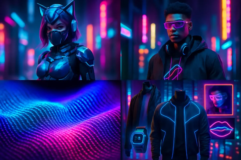 moda geek 2.0: Painel de moda geek com cosplayer futurista, modelo de streetwear tecnológico e macro de tecido inteligente — conceito de wearable tech.