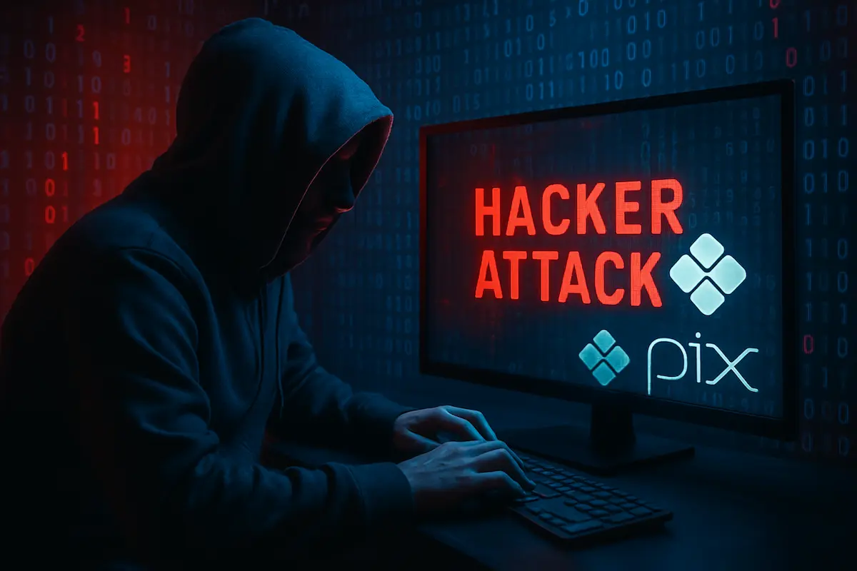 Imagem ilustrando ataque hacker em fintech com códigos binários e símbolos de segurança digital.