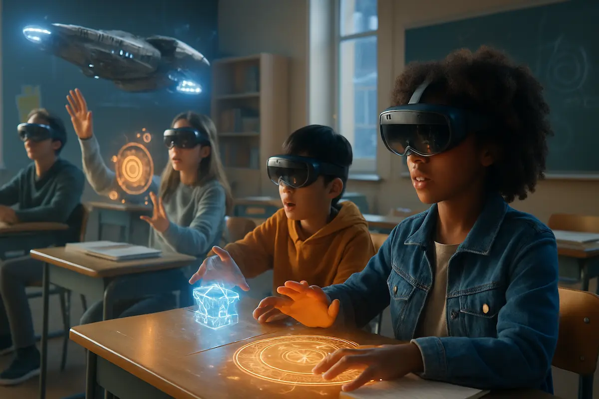Grupo de estudantes com óculos de realidade mista interagindo com hologramas inspirados em universos geek, como ficção científica e fantasia, em ambiente educacional futurista.