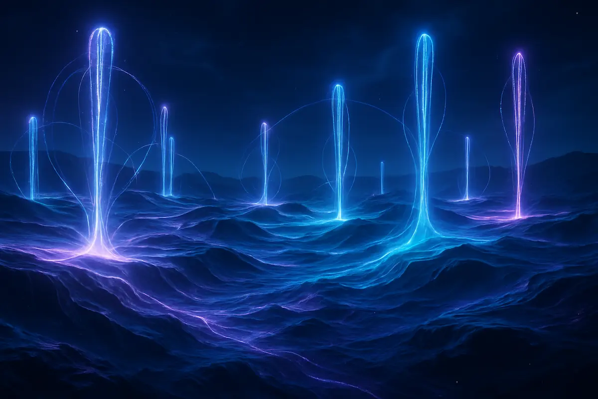 Games quânticos: Mundo de videogame com visual futurista, linhas de luz representando qubits, jogadores interagindo com ambiente em mutação