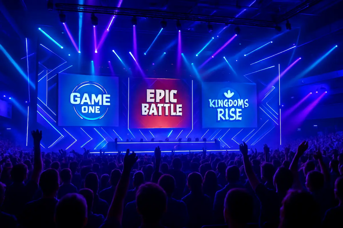 Crowd e palco iluminado na BGS 2025, feira de games