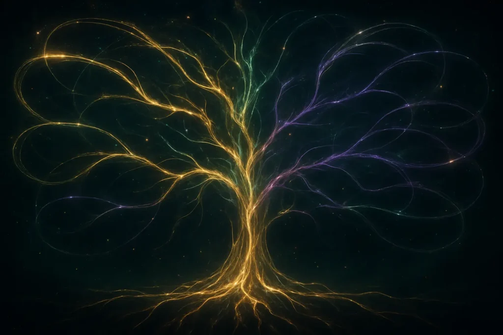 Representação visual de Loki e um universo quântico em forma de árvore de mundos, com ramificações luminosas conectando dimensões.