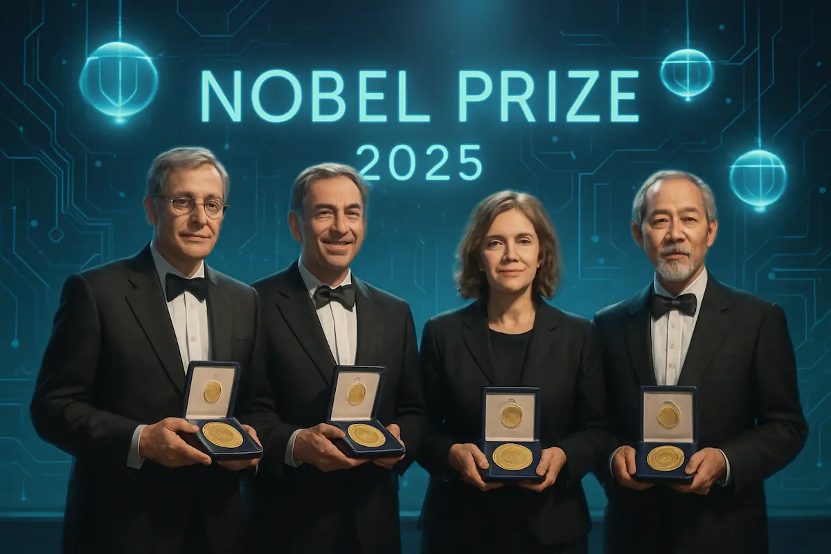 Cientistas segurando medalha do Prêmio Nobel em cerimônia, representando avanços em computadores quânticos