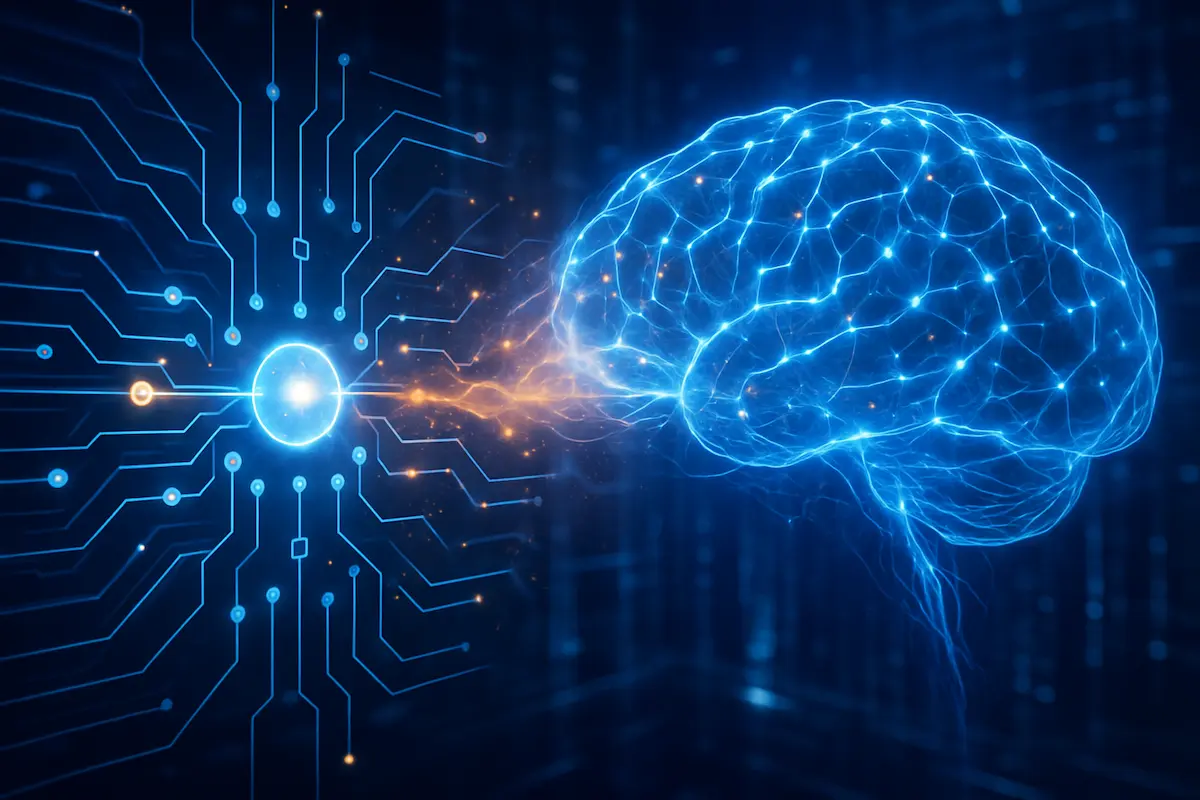 Computação Quântica e Inteligência Artificial: Ilustração futurista mostrando a integração entre um cérebro humano digital e circuitos quânticos brilhantes, representando a união entre computação quântica e inteligência artificial no avanço da humanidade.