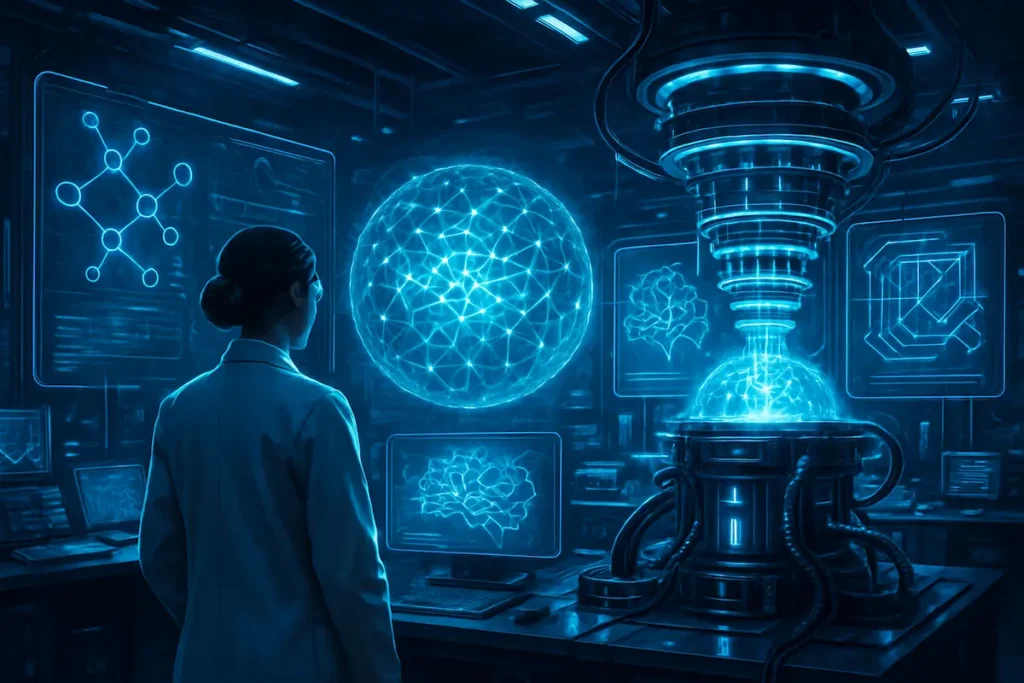 Cientista em um laboratório futurista usando uma interface holográfica de computação quântica e inteligência artificial para simular moléculas e tratamentos médicos.