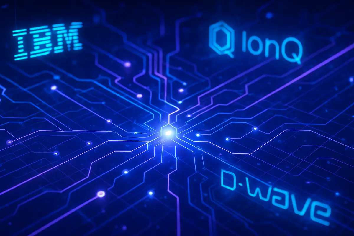 Startups de computação quântica: Painel futurista com circuitos quânticos brilhando em azul e roxo, logos estilizados da IBM, Google, IonQ e D-Wave flutuando em meio a partículas de luz, representando startups de computação quântica que estão transformando o futuro.