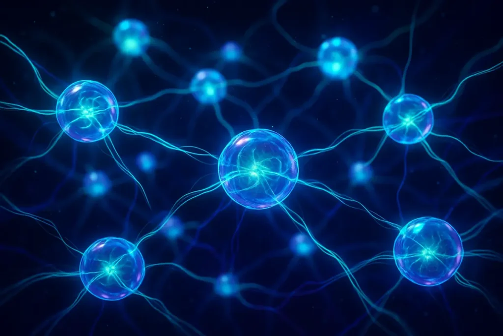 Visual futurista de uma rede neural quântica com conexões luminosas interligando qubits e neurônios digitais, representando a integração entre computação quântica e inteligência artificial.