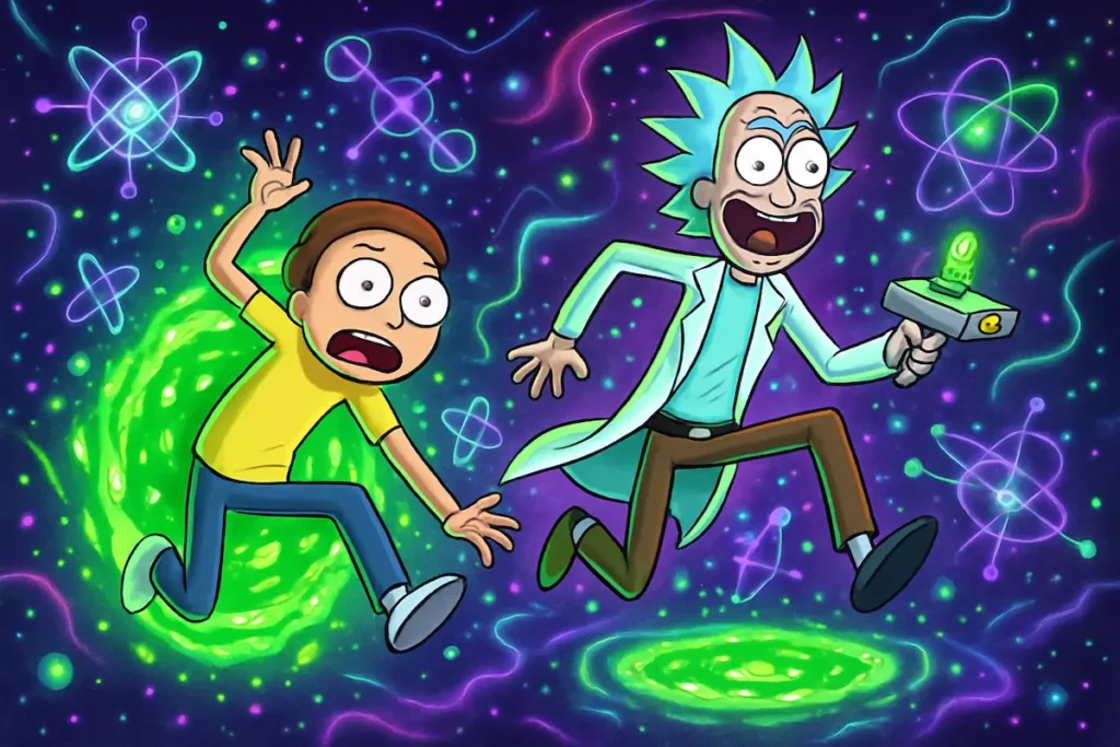 Cena digital de Rick e Morty pulando entre universos paralelos com portais coloridos e partículas quânticas em torno deles.