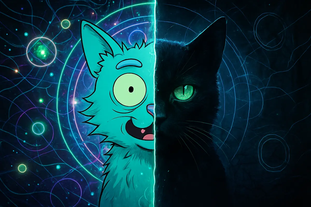 Pensamento Quântico: Ilustração digital de um gato de Schrödinger dividido entre dois universos coloridos, com elementos de séries geek como Loki, Rick and Morty e Dark representados em energia quântica e fractais de luz.